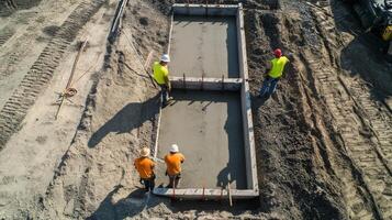 Workers Pouring Concrete into a Foundation Form photo