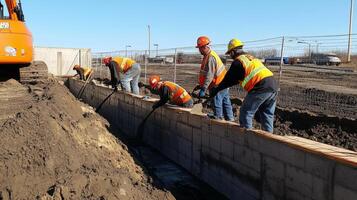 Construction Workers Building a Concrete Wall with an Excavator in the Background photo