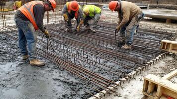 Construction Workers Pouring Concrete on Rebar Grid photo