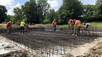 Construction Workers Setting Up Rebar For Concrete Pour photo