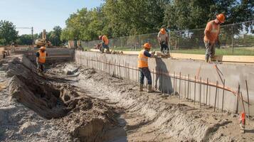Construction Workers Pouring Concrete for a New Wall photo