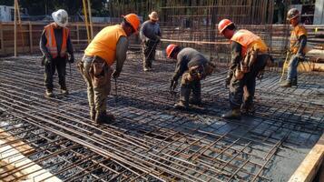 Construction Workers Positioning Rebar on Fresh Concrete photo