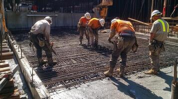 Construction Workers Pouring Concrete on Rebar Grid photo