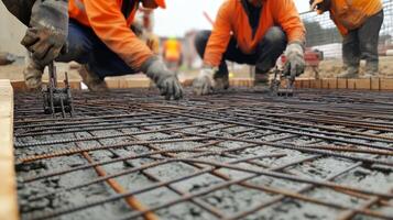 Construction Workers Laying Concrete and Reinforcing Steel Mesh photo