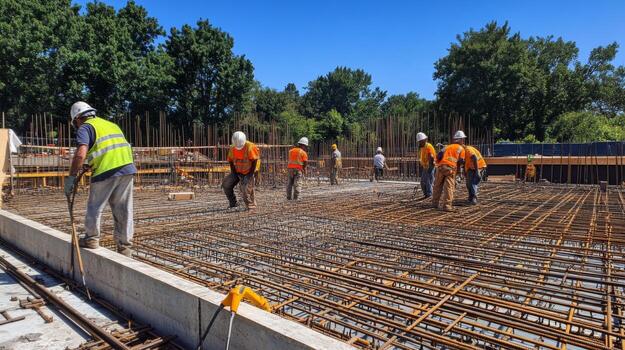 Construction Workers on a Concrete Slab with Rebar Grid photo