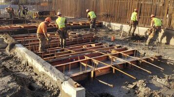 Construction Workers Pouring Concrete Into Foundation Forms photo