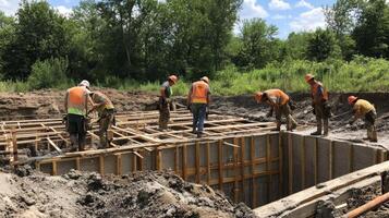 Construction Workers Building a Concrete Structure in a Ditch photo
