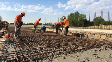 Construction Workers Placing Rebar on a Concrete Foundation photo