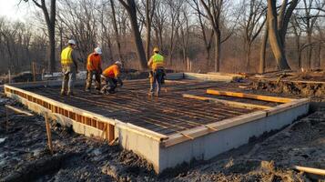 Construction workers laying rebar for a concrete foundation in a wooded area photo