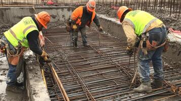 Construction Workers Pouring Concrete into a Rebar Grid photo