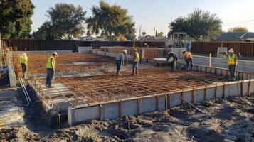 Construction Workers Inspecting Reinforced Concrete Foundation photo