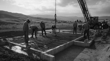 Construction Workers on a Foundation with Rebar and a Crane in the Background photo