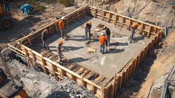 Construction Workers Pouring Concrete Into a Wooden Form photo