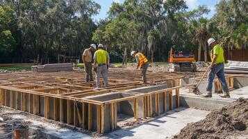 Construction Workers Inspecting Foundation Frame of a New Building photo