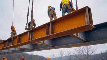 Construction Workers Installing Steel Beam on Bridge Project photo
