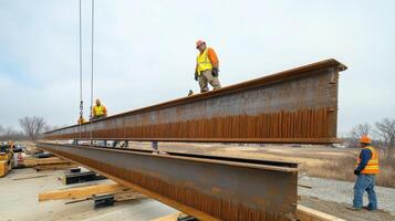 Construction Workers Placing a Large Steel Beam on a Foundation photo
