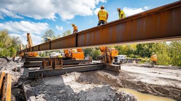 Construction Workers Installing a Large Steel Beam photo