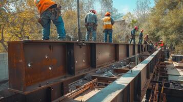 Construction Workers on a Steel Beam of a Bridge Under Construction photo