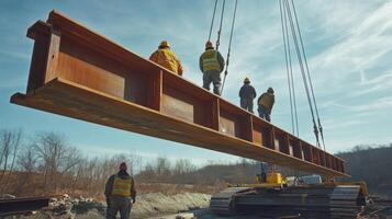 Construction Workers Lifting a Large Steel Beam with a Crane photo