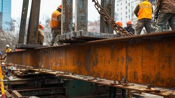 Rusty Metal Beam Being Lifted by Construction Workers photo