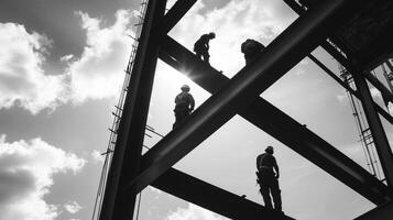 Construction Workers Silhouetted Against Cloudy Sky photo