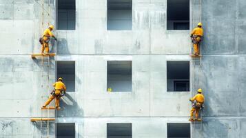 Construction Workers on Ladders Against a Concrete Building photo