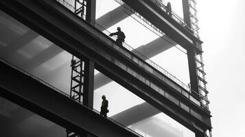 Two Construction Workers on a Steel Beam of a Building photo