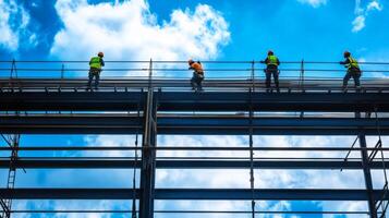 Construction Workers on Scaffolding with a Blue Sky and White Clouds photo