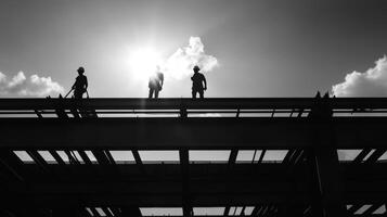 Three Silhouettes of Construction Workers on a Steel Beam Against a Cloudy Sky photo