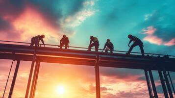 Silhouetted Construction Workers on a Steel Beam at Sunset photo