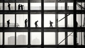 Construction Workers Silhouetted Against City Skyline Through Windows photo