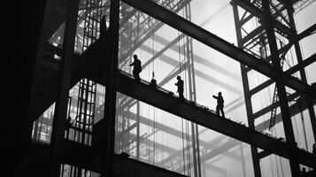 Silhouetted Construction Workers on a Steel Frame photo