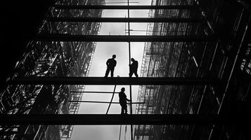 Silhouetted Construction Workers on a Steel Framework photo