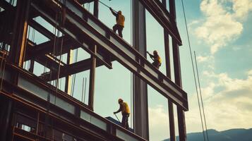 Construction Workers Working on a Steel Frame Building photo