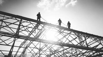 Silhouettes of Construction Workers on a Steel Frame photo