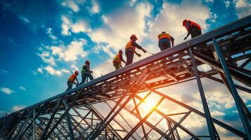 Construction Workers on a Metal Frame Against a Blue Sky with White Clouds photo