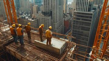 Construction Workers on a High-Rise Building Site with a View of the City photo