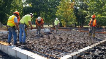 Construction Workers Setting Rebar for a Concrete Slab photo