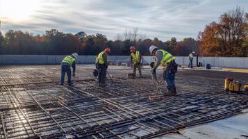 Construction Workers Securing Rebar Grid on Concrete Slab photo