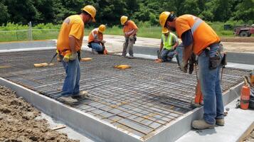 Construction Workers Inspecting Rebar Grid on Concrete Slab photo