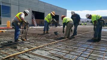 Construction Workers Pouring Concrete on a Rebar Grid photo