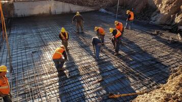 Construction Workers Laying Rebar on a Concrete Slab photo