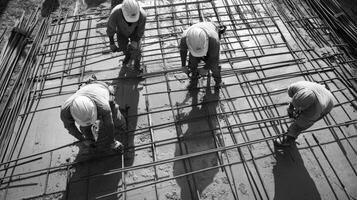 Construction Workers Securing Steel Reinforcing Bars in Concrete photo