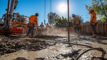 Construction Workers in Mud Near a Crane and Wooden Structure photo