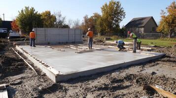Construction Workers Pouring Concrete Foundation photo