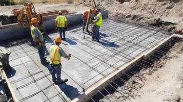 Construction Workers Inspecting Rebar Grid on Concrete Slab photo