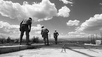 Three Construction Workers Looking Out Over A Rural Landscape photo