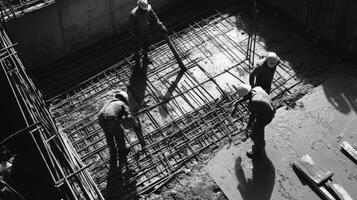 Construction Workers Laying Concrete Foundation With Rebar photo