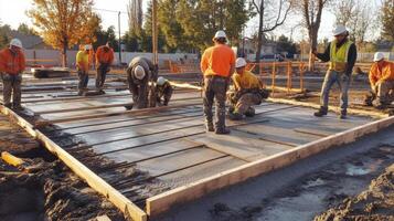 Construction Workers Pouring Concrete for a New Foundation photo