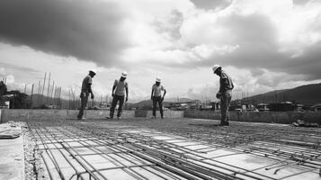 Construction Workers on a Concrete Slab with Rebar photo